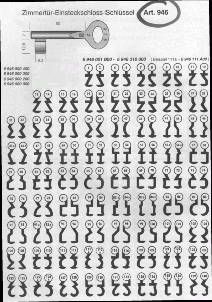 Zimmertür-Schlüssel,Buntbart, Universal, Börkey 946 - Nrn. 1 bis 140